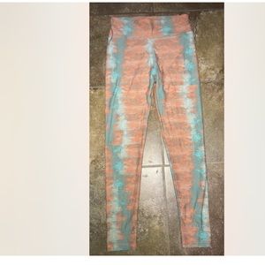 LuLaRoe Orange Sound Waves Teal Stripes Leggings